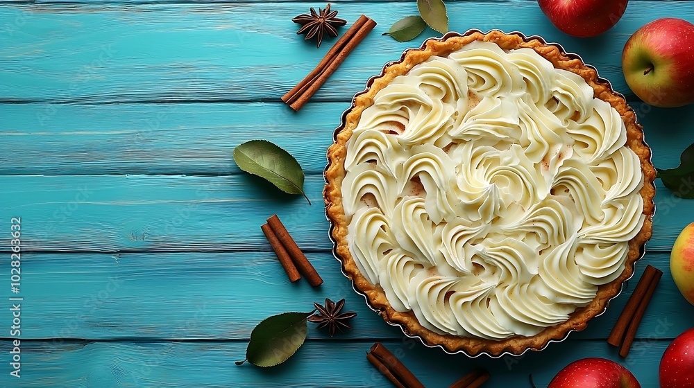 Poster apple pie with cream and cinnamon sticks on a blue background top view copy space : generative ai
