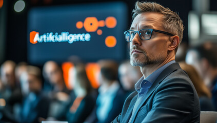 Portrait of young successful businessman in the office. Handsome man at the seminar. Blurred background. Seriuos and confident man.