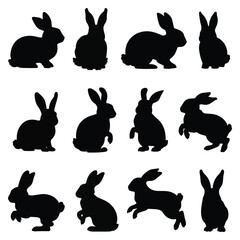 Twelve Black Rabbit Silhouettes in Various Poses