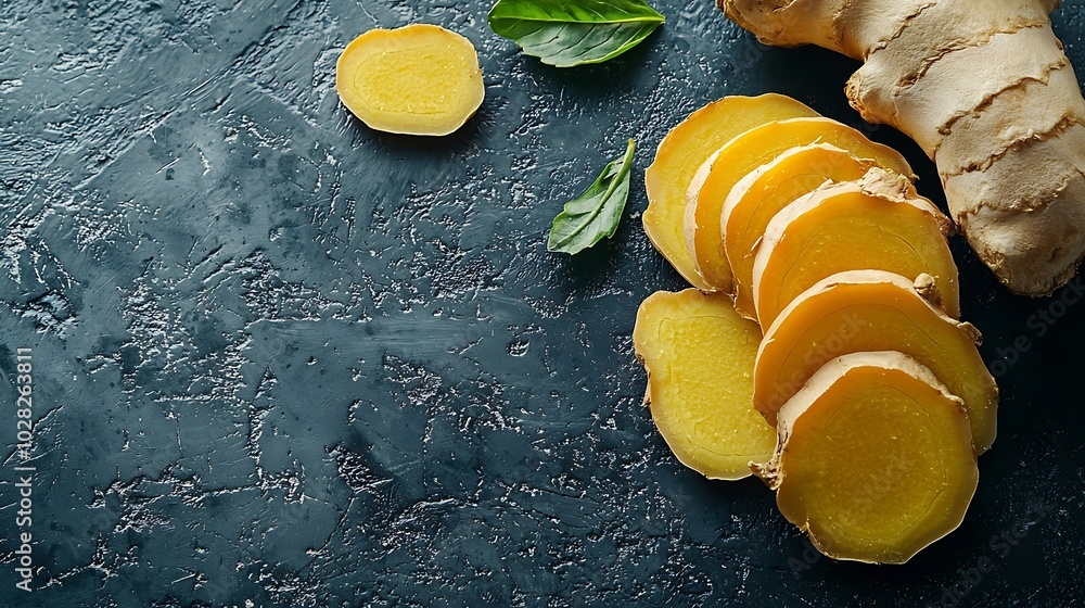 Poster Fresh ginger root with slices Dark background Copy space Top view : Generative AI