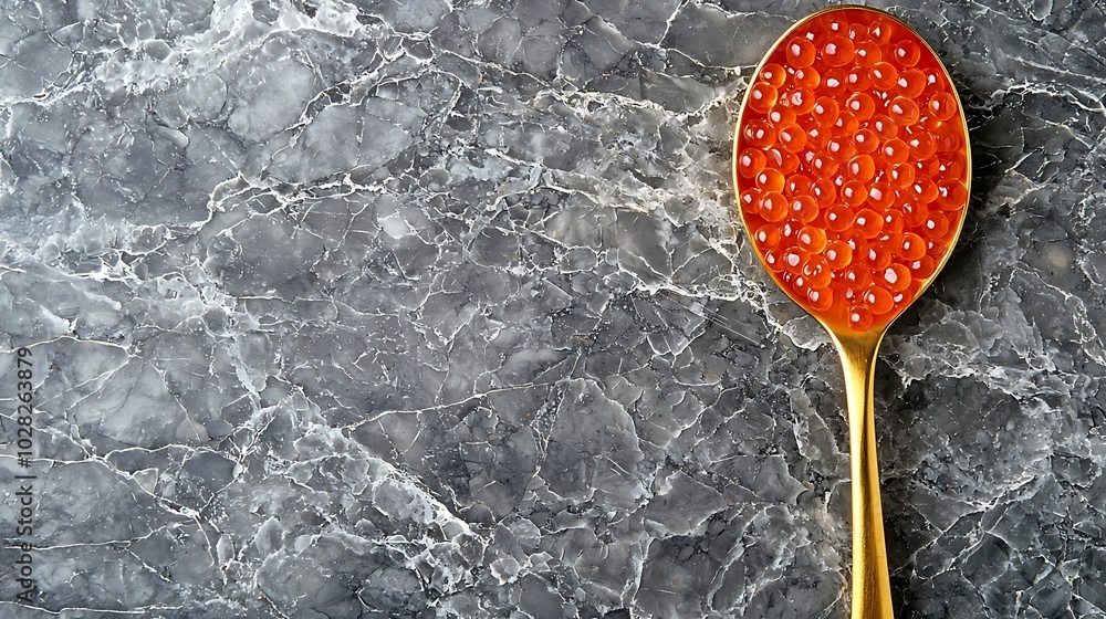 Poster red salmon caviar in golden spoon marble background close up copy space : generative ai