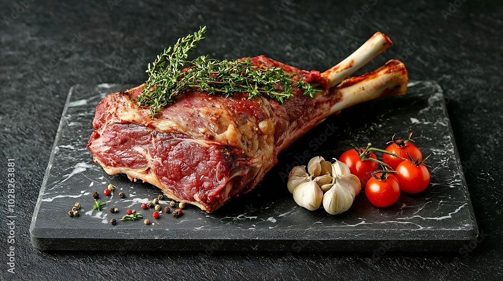 Poster raw lamb leg with spices and herbs on marble cutting board dark background copy space top view : gen