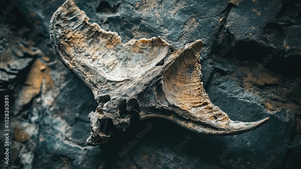 Poster close-up of a fossilized skull fragment against a dark rock background