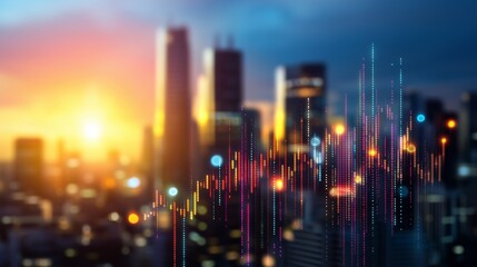 Obraz premium A vibrant cityscape at sunset, featuring abstract data visualizations that represent growth and connectivity in a futuristic setting.