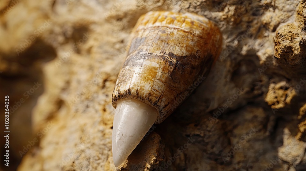Poster fossilized dinosaur tooth embedded in rock