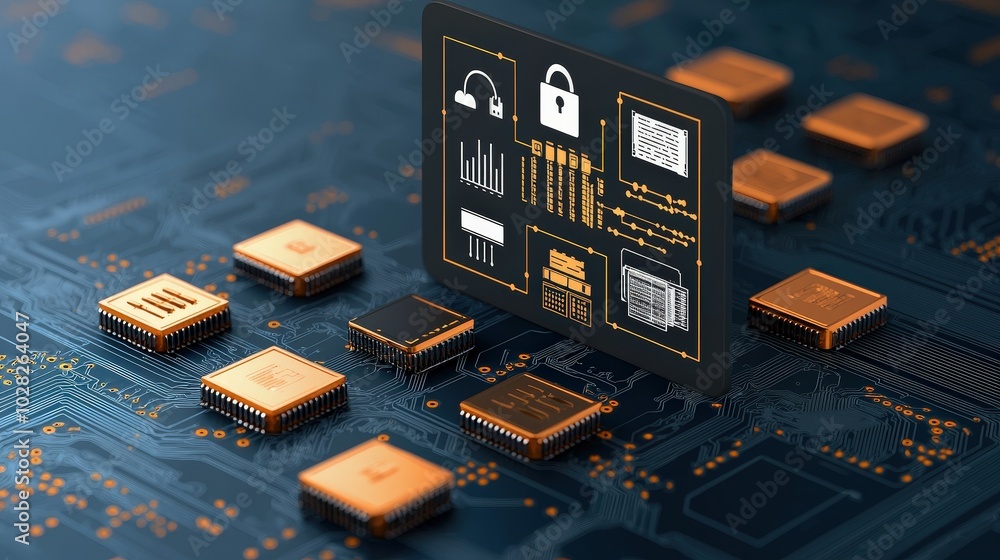 Poster cybersecurity data protection network security digital security concept with microchi