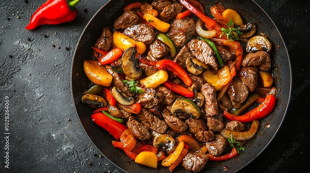 Poster beef and vegetables stir fry in a pan grey background top view : generative ai