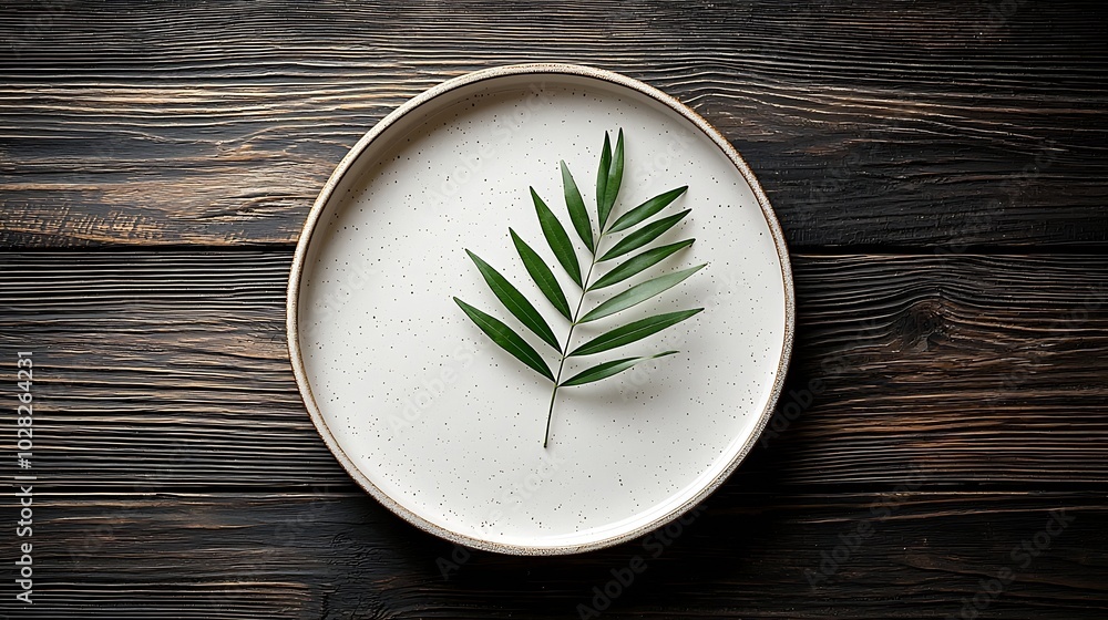 Poster white plate with palm leaf on wooden background copy space top view : generative ai