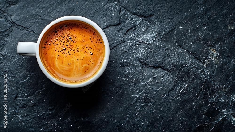 Poster coffee espresso in white cup on black slate background copy space top view : generative ai