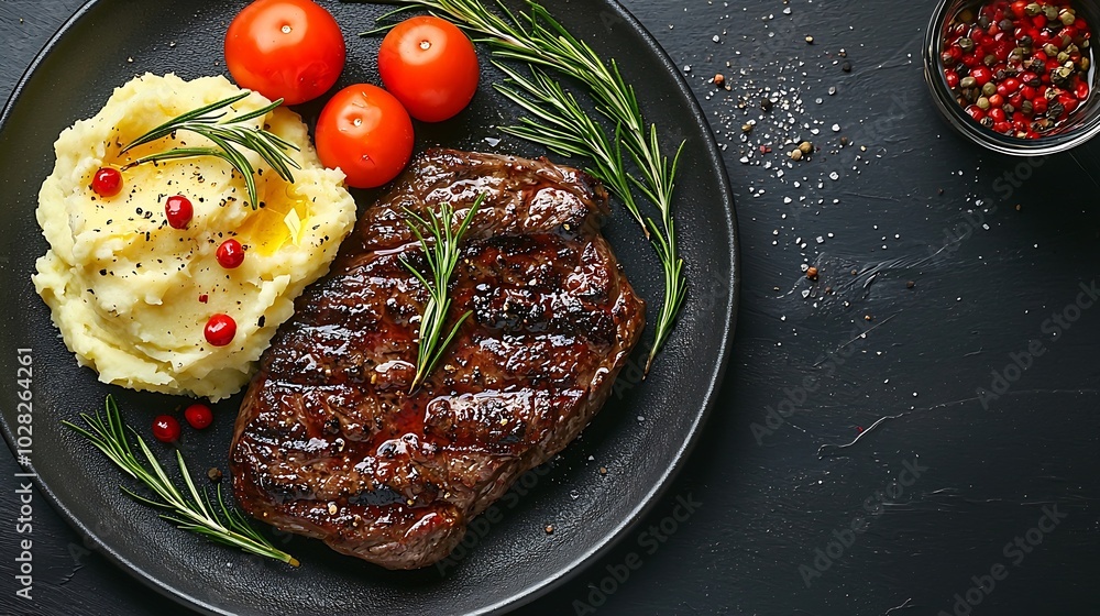 Aufkleber beefsteak with mashed potato on a plate grey background copy space : generative ai