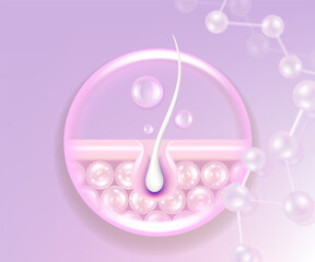 Hyaluronic acid and Niacinamide gray hair and skin solutions ad, pink collagen serum drops into skin cell with cosmetic advertising background ready to use, illustration vector.	