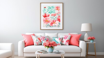 A bright and inviting living room featuring a white sofa adorned with colorful floral pillows and a vibrant floral artwork on the wall.