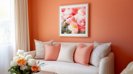 A cozy living room featuring coral-hued walls, a white couch adorned with patterned cushions, and a floral artwork above it.