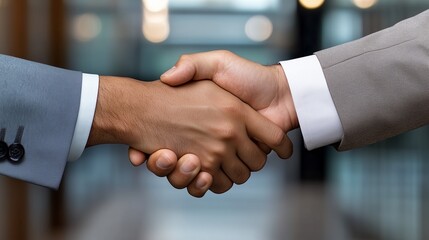 Two business professionals shake hands, symbolizing agreement, partnership, or collaboration in a modern office space.