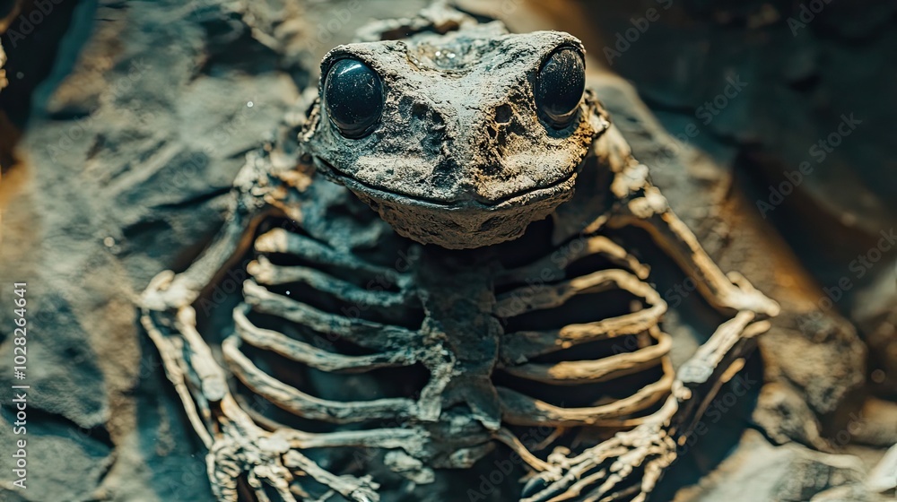 Poster close-up of a fossilized frog skeleton with intact eyes