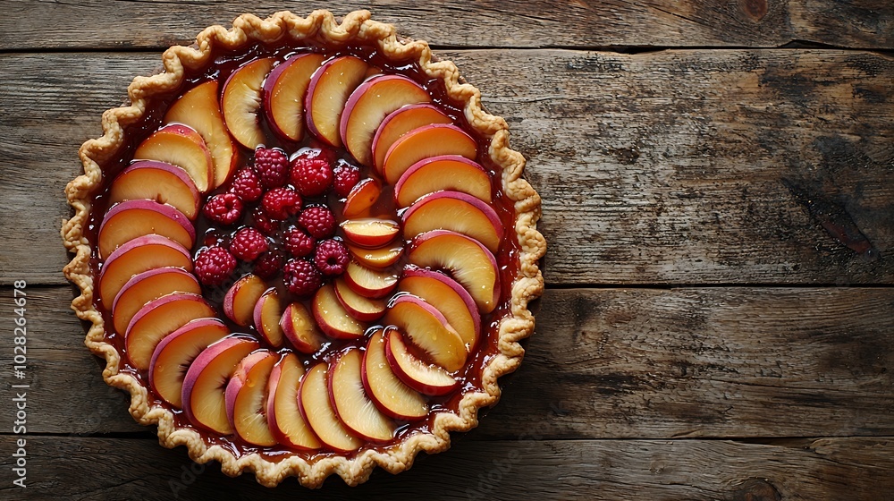Poster peach galette pie cake with honey and berry on a wooden background top view : generative ai