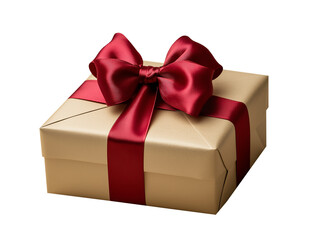 Fototapeta premium Gold gift box with red ribbon and red bow on transparent background, PNG