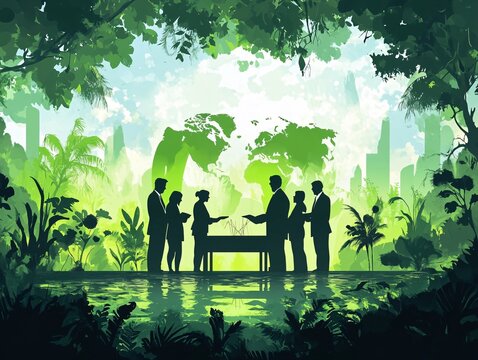 2408 95.A symbolic scene of lawmakers signing an agreement for international environmental law, with focus on environmental protection. The backdrop features green plants and renewable energy icons,