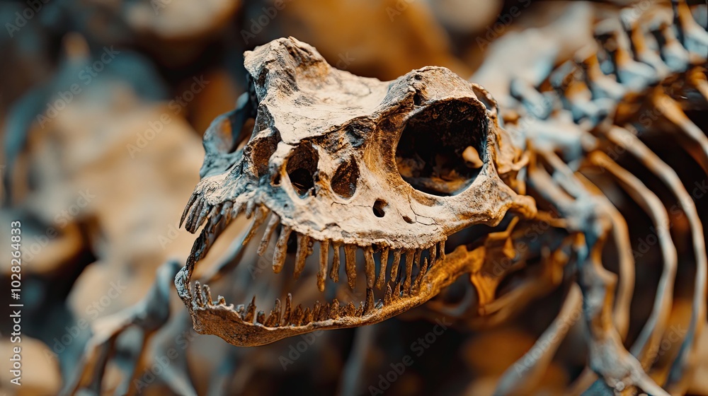 Poster close-up of a fossilized dinosaur skull with sharp teeth