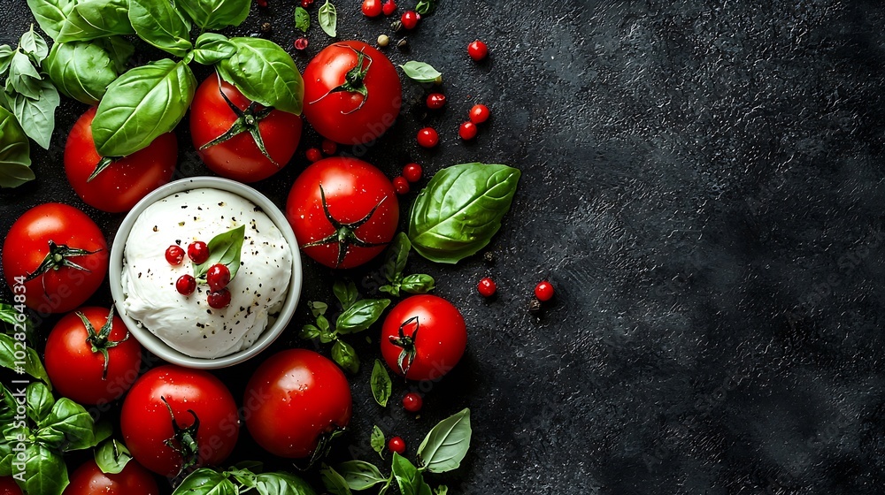Poster caprese salad with tomatoes burrata cheese and basil grey background close up top view : generative 