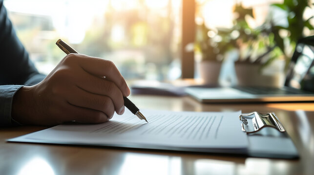 Dłoń osoby, kt&oacute;ra z precyzją składa podpis na umowie leżącej na biurku.