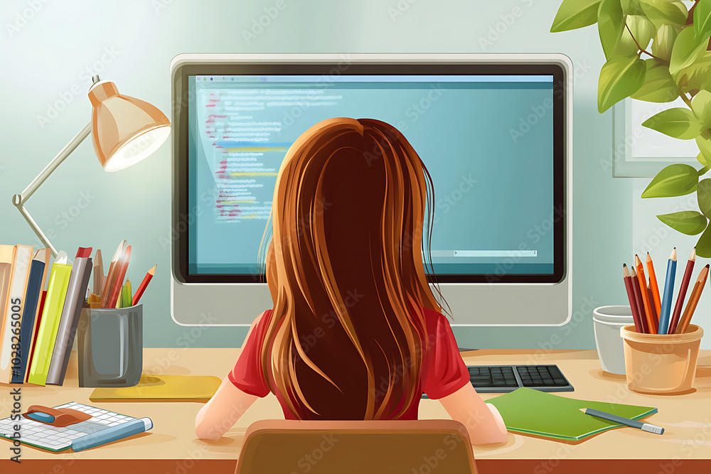 Poster a person coding at a computer desk surrounded by books and stationery.