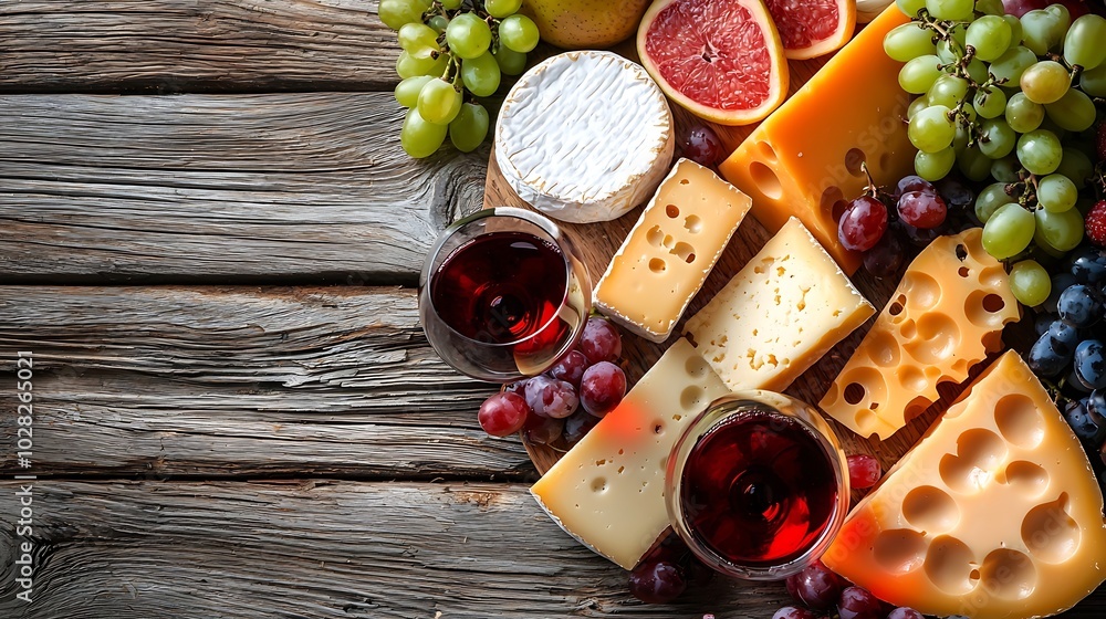Poster assortment of cheese grapes with red and white wine in glasses wooden background top view : generati