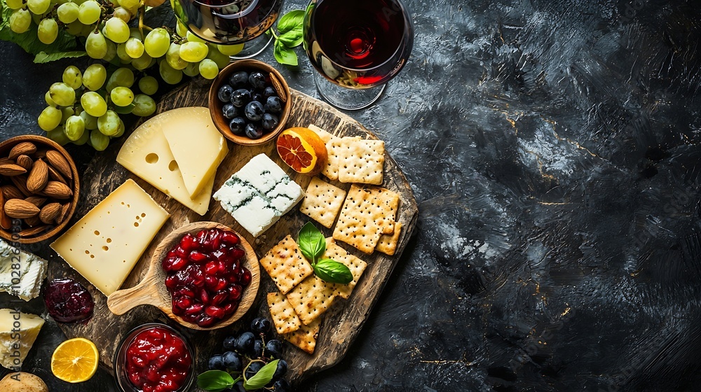 Poster cheese assortment on marble cutting board with wine grey background top view : generative ai