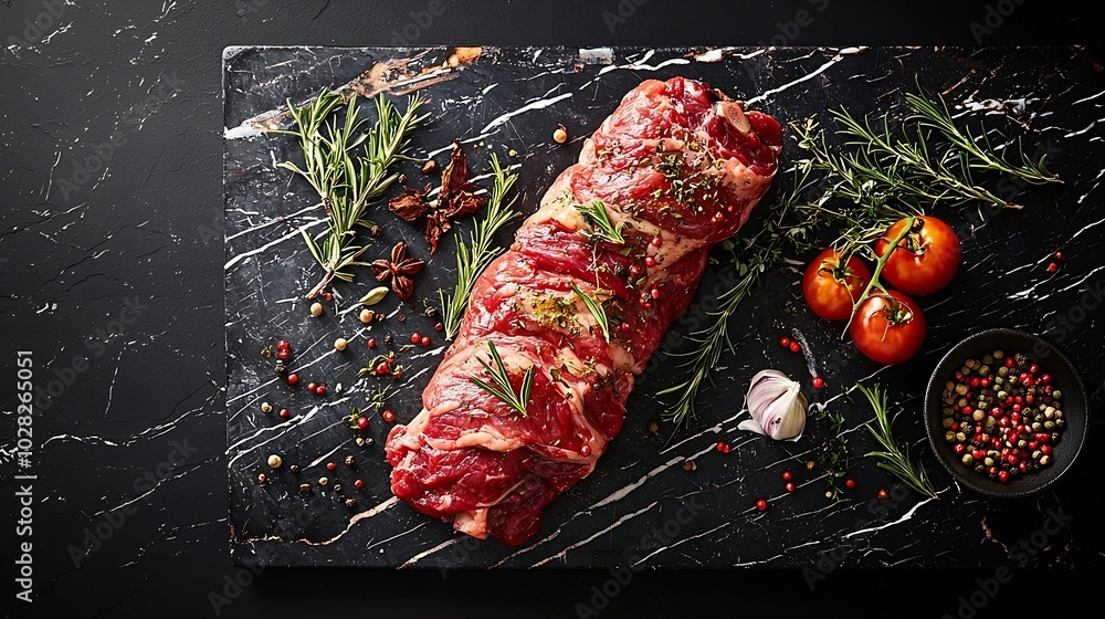 Poster raw lamb leg with spices and herbs on marble cutting board dark background top view : generative ai