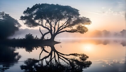 Fototapeta premium solitary tree reflected in the still waters of a foggy lake at sunrise