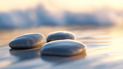 Smooth, Gray Stones on Sandy Beach with Warm Light