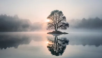 solitary tree reflected in the still waters of a foggy lake at sunrise