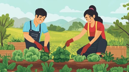 An Asian couple harvesting vegetables in their small garden, working together with smiles as they collect fresh produce in the peaceful countryside
