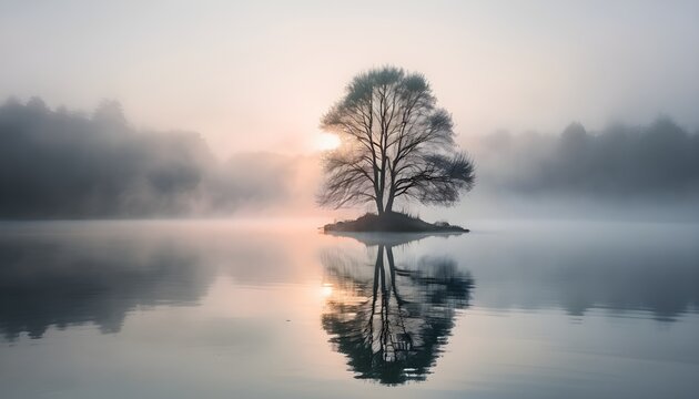 solitary tree reflected in the still waters of a foggy lake at sunrise