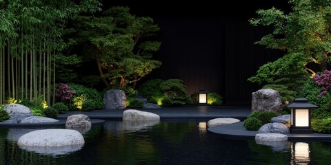 Tranquil Japanese Garden at Night with Stone Lanterns and Pond