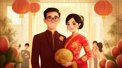 An Asian couple in formal traditional clothing, standing proudly together at a family gathering, celebrating an important cultural event with loved ones