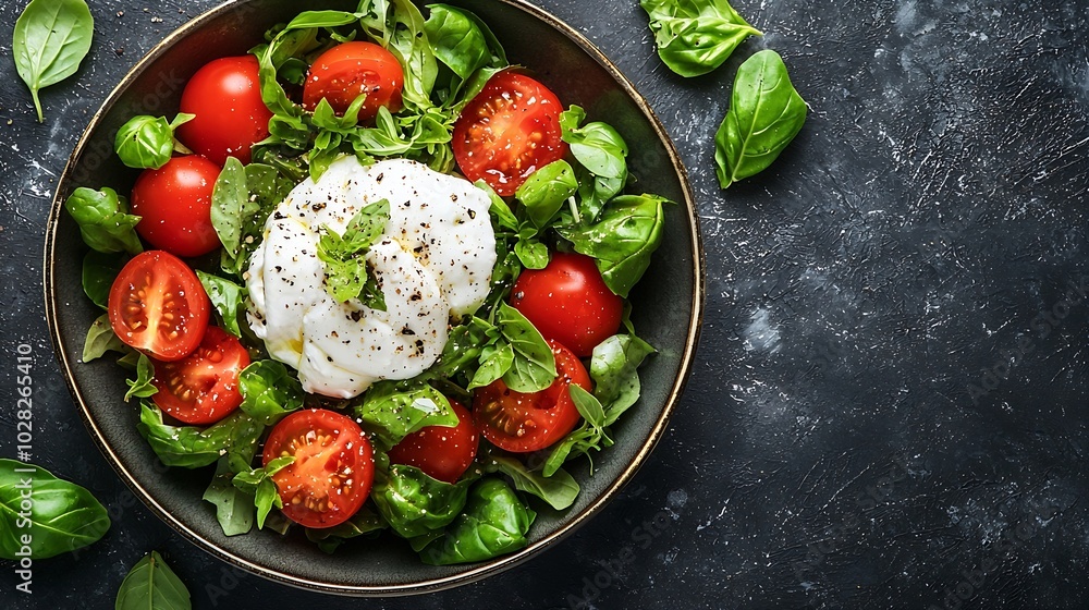 Poster caprese salad with tomatoes mozzarella burrata cheese and basil grey background close up top view : 