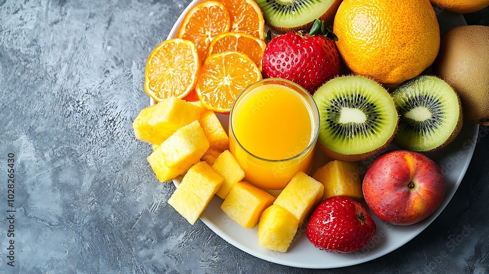 Aufkleber tropical fruits assortment on a white plate with fresh juice textile grey background top view copy s