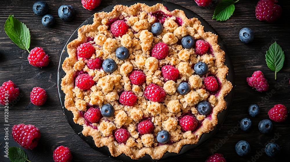 Poster crumble with berries brown wooden background top view copy space : generative ai