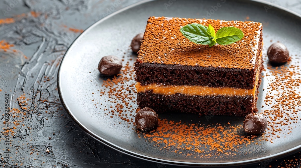 Poster chocolate caramel peanut cake snickers on a plate grey background close up : generative ai