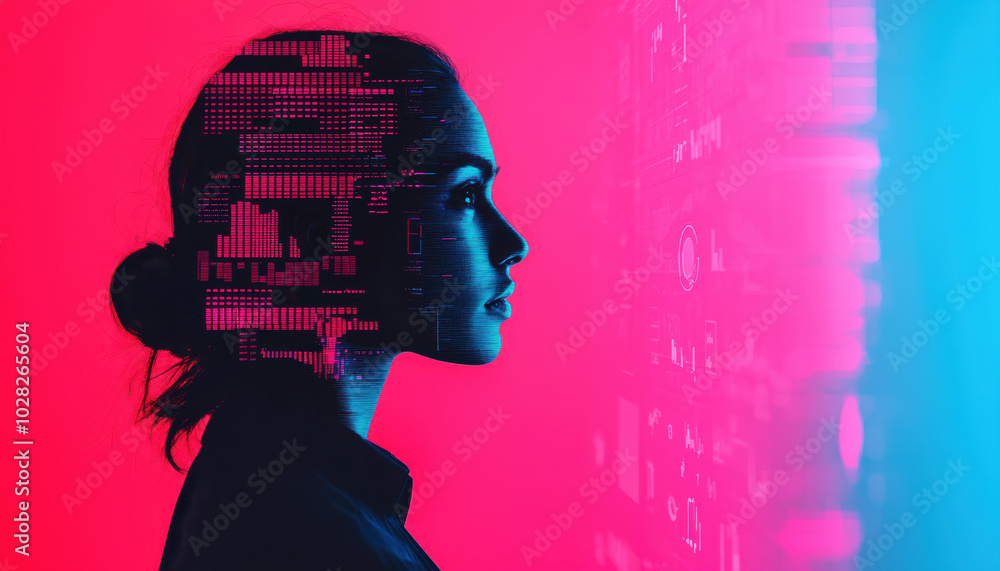 Poster profile of a woman with digital patterns on a colorful background.