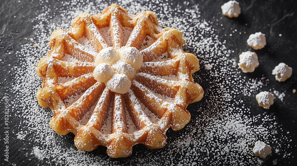 Poster belgian waffle with icing sugar slate background top view close up : generative ai
