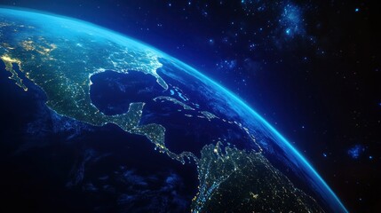 Fototapeta premium A view of Earth from space, showcasing illuminated landmasses and the atmosphere.