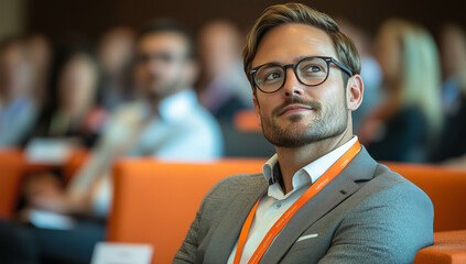 Portrait of young successful businessman in the office. Handsome man at the seminar. Blurred background. Seriuos and confident man.