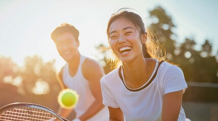 An Asian couple playing tennis on a bright afternoon, laughing as they compete with each other in a fun and active game