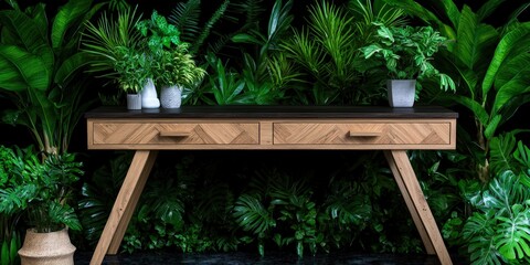 Obraz premium Modern Wooden Desk with Two Drawers Against Lush Greenery Background