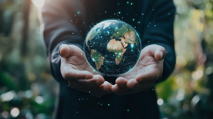 Mężczyzna trzyma w dłoniach kulę symbolizującą globalną sieć i dane dotyczące połączeń klientów.