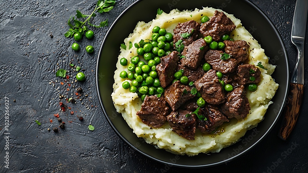 Poster Mashed potatoes with beef meat and green peas in bowl Grey background Copy space Top view : Generative AI