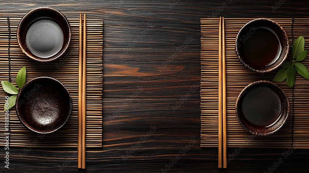 Aufkleber Asian table place setting with bamboo placemat sauce bowl and chopsticks Top view Copy space : Generative AI