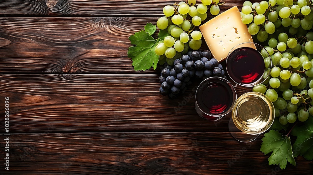 Poster assortment of cheese grapes with red and white wine in glasses wooden background top view copy space
